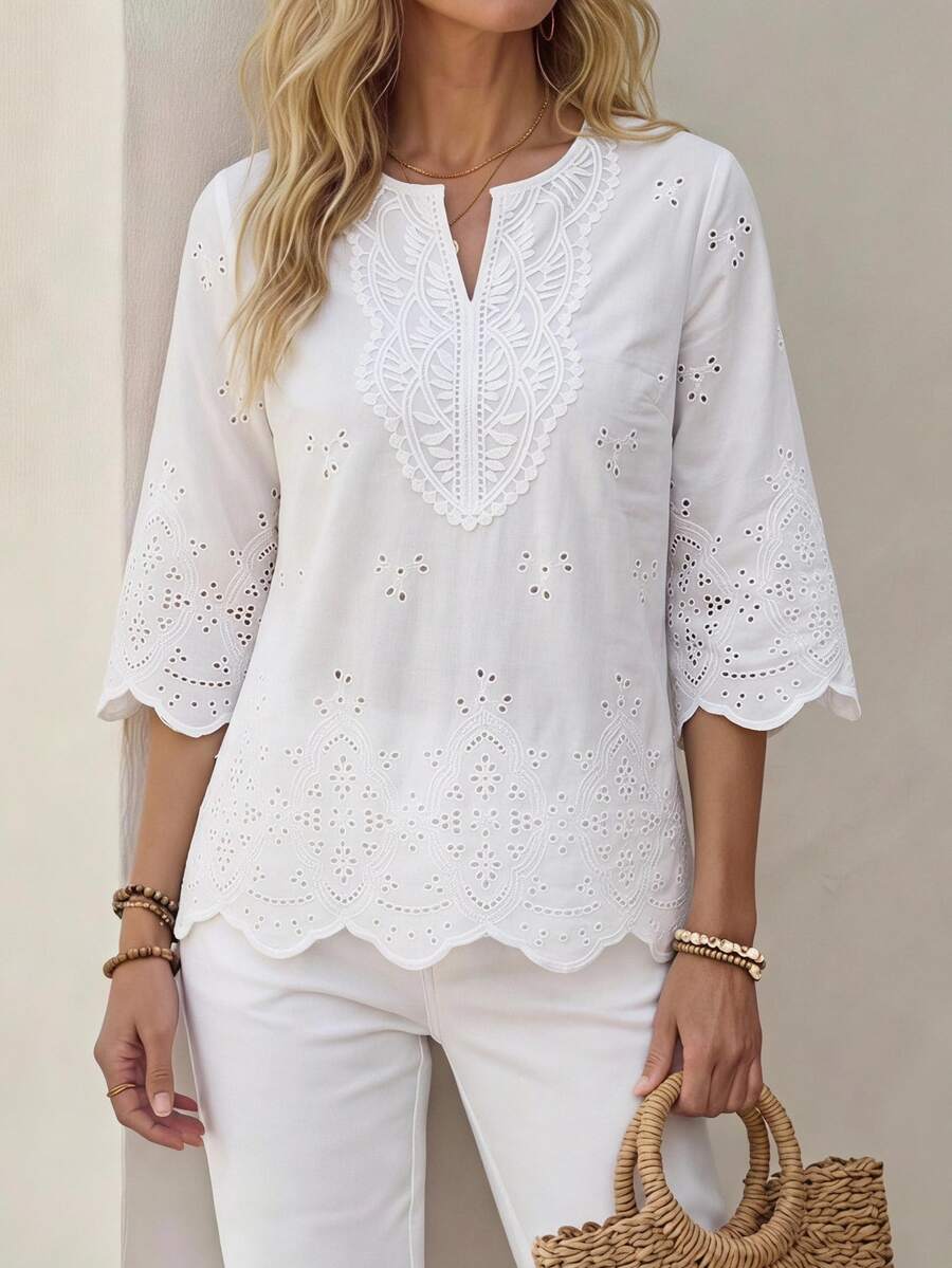 Faunlyn Women's Notched Collar Three-Quarter Sleeve Shirt - White - View 1
