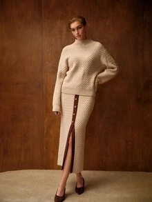 MOTF PREMIUM WOMEN'S AUTUMN/WINTER CASHMERE JACQUARD PATTERN COLORBLOCK BUTTON KNIT 2 PIECES SET - Khaki - View 3