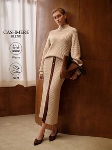 MOTF PREMIUM WOMEN'S AUTUMN/WINTER CASHMERE JACQUARD PATTERN COLORBLOCK BUTTON KNIT 2 PIECES SET - Khaki - View 1