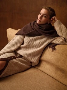 MOTF PREMIUM WOMEN'S AUTUMN/WINTER CASHMERE JACQUARD PATTERN COLORBLOCK BUTTON KNIT 2 PIECES SET - Khaki - View 8