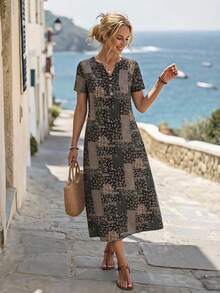Faunlyn Notched Neck Ditsy Floral Summer Short Sleeve Dress - Black - View 1