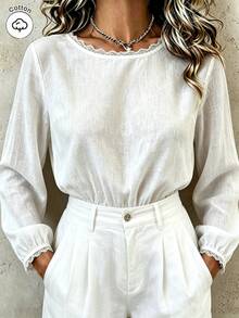 SHEIN Women's French Lace Patchwork Elegant Long Sleeve Bodysuit - White - View 1