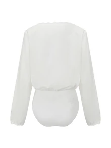 SHEIN Women's French Lace Patchwork Elegant Long Sleeve Bodysuit - White - View 2