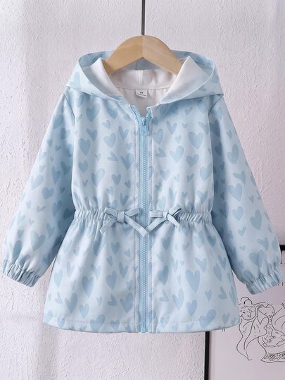 SHEIN 1pc Blue Heart Print Minimalist Waist-Cinched Design Casual Hooded Jacket, Suitable For Autumn And Winter Wear, Ideal For School, Outdoor Activities, Family Gatherings, Providing Warmth And Comfort