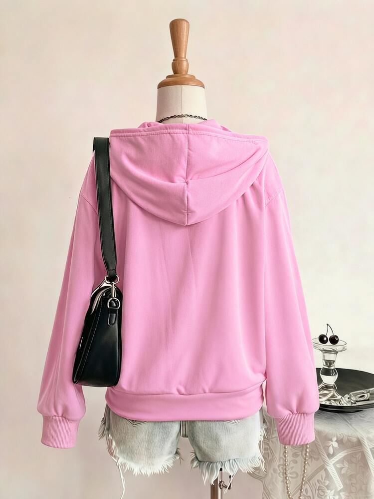 Teen GirlCasual Versatile Regular Loose Fit Korean Style Open Front Sweatshirt Jacket Back To School - Pink - View 2