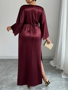 SHEIN Clasi Plus Solid Bell Sleeve Ruched Waist Tie Back Split Thigh Dress Fall - Burgundy - View 3