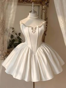 Lovelzi Đầm mini A-line bèo nhún cúp ngực sweetheart, corset định hình, vải satin trắng đính hạt pha lê xuyên thấu, cho tiệc Homecoming, độc thân, cô dâu, đám cưới, dạ hội và cocktail - trắng - Xem 2