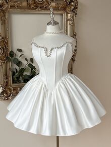 Lovelzi Đầm mini A-line bèo nhún cúp ngực sweetheart, corset định hình, vải satin trắng đính hạt pha lê xuyên thấu, cho tiệc Homecoming, độc thân, cô dâu, đám cưới, dạ hội và cocktail - trắng - Xem 5