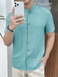 HIMLAND Men's Solid Color Stand Collar Single-Breasted Casual Versatile Daily Wear Short Sleeve Shirt - Cadet Blue - View 3