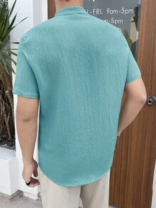 HIMLAND Men's Solid Color Stand Collar Single-Breasted Casual Versatile Daily Wear Short Sleeve Shirt - Cadet Blue - View 2