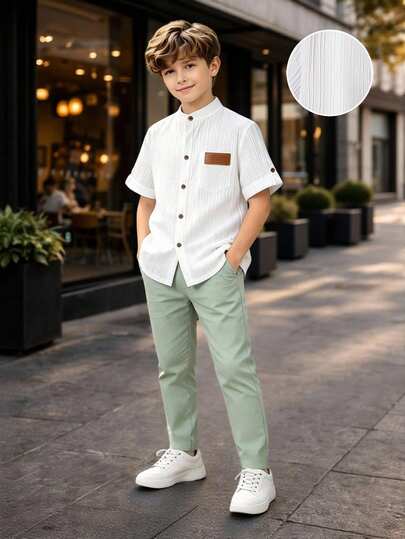 SHEIN Older Boys White Sage Green Collared Shirt Pants Set, Elegant Autumn Outfit For Wedding, Prom, Family Matching And Back To School Activities
