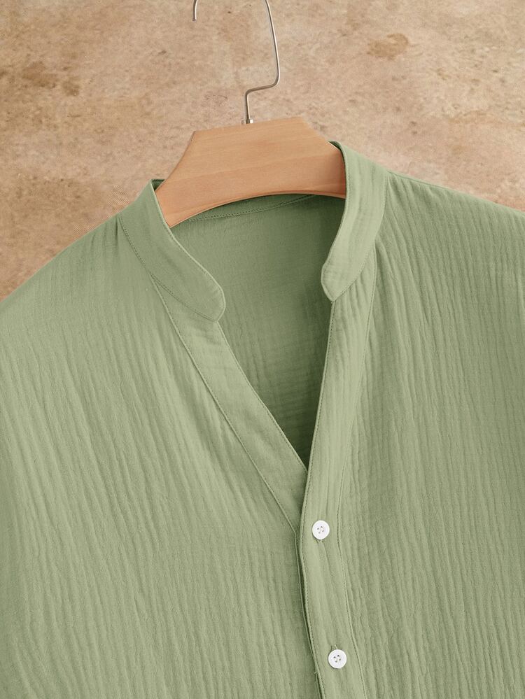 HIMLAND Men's Summer Casual Solid Color Short Sleeve Shirt - Green - View 4