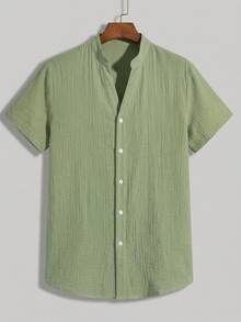 HIMLAND Men's Summer Casual Solid Color Short Sleeve Shirt - Green - View 6