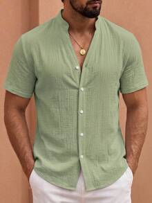 HIMLAND Men's Summer Casual Solid Color Short Sleeve Shirt - Green - View 1