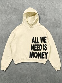 IslaSuriya 男士復古水洗套頭運動衫「We Only Need Money」圖案運動衫，個性化標語設計套頭運動衫，休閒街頭風套頭運動衫 - 彩色 - 查看 1