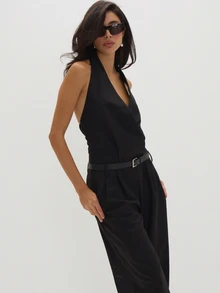 MUSEYN Black Woven Wrap Front Belted Halterneck Jumpsuit Structured Tailored Polished Party Evening Fall New Season Capsule Wardrobe - Black - View 5