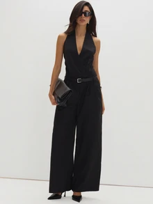 MUSEYN Black Woven Wrap Front Belted Halterneck Jumpsuit Structured Tailored Polished Party Evening Fall New Season Capsule Wardrobe - Black - View 2