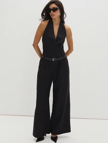 MUSEYN Black Woven Wrap Front Belted Halterneck Jumpsuit Structured Tailored Polished Party Evening Fall New Season Capsule Wardrobe - Black - View 1