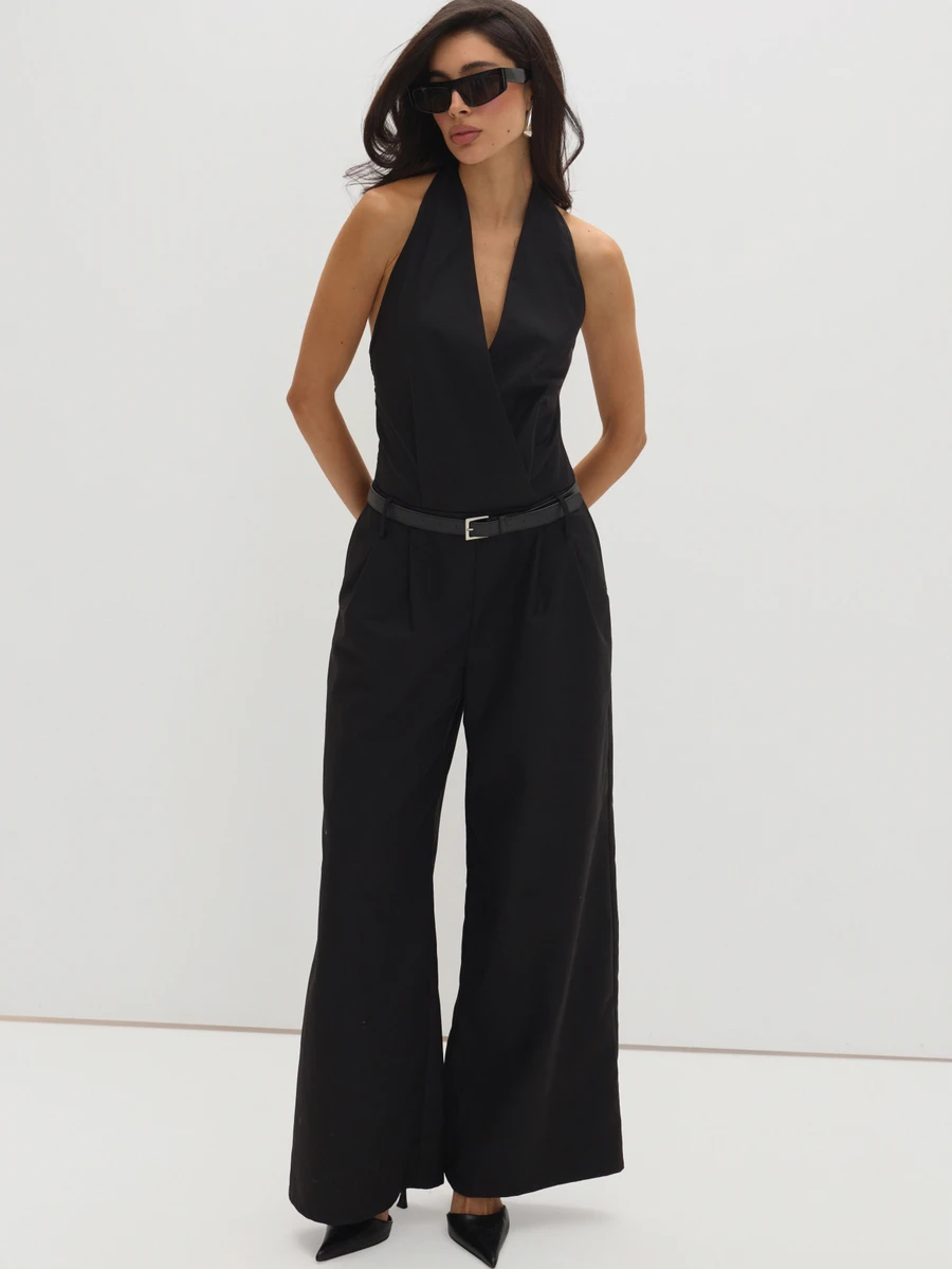 MUSEYN Black Woven Wrap Front Belted Halterneck Jumpsuit Structured Tailored Polished Party Evening Fall New Season Capsule Wardrobe - Black - View 1