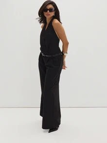 MUSEYN Black Woven Wrap Front Belted Halterneck Jumpsuit Structured Tailored Polished Party Evening Fall New Season Capsule Wardrobe - Black - View 3