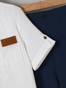 SHEIN Tween Boys All White Navy Blue Striped Small Collar Shirt Pants Outfit Wedding Family Party Graduation Back To School Fall Smart 80s - Navy Blue - View 9