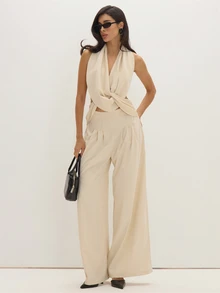 MUSEYN Cream Woven Twisted Halterneck Wide Leg Jumpsuit Structured Tailored Polished Party Evening Fall New Season Capsule Wardrobe - Beige - View 1