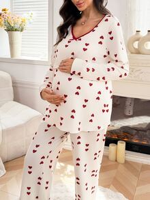Moonlight&Mama Heart Print Nursing Friendly Round Neck Long Sleeve Top And Pants Maternity Pajama Set - Multicolor - View 7