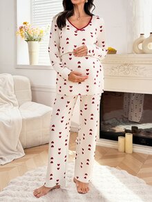 Moonlight&Mama Heart Print Nursing Friendly Round Neck Long Sleeve Top And Pants Maternity Pajama Set - Multicolor - View 4