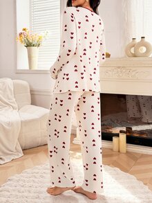 Moonlight&Mama Heart Print Nursing Friendly Round Neck Long Sleeve Top And Pants Maternity Pajama Set - Multicolor - View 2