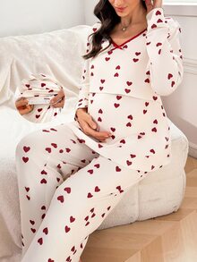 Moonlight&Mama Heart Print Nursing Friendly Round Neck Long Sleeve Top And Pants Maternity Pajama Set - Multicolor - View 1