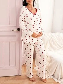 Moonlight&Mama Heart Print Nursing Friendly Round Neck Long Sleeve Top And Pants Maternity Pajama Set - Multicolor - View 3
