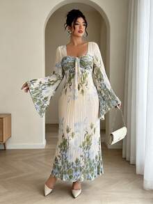 Elenzga Pleated Twist Knot Placement Print Flare Sleeve Waist Cinched Dress, Versatile For Outings, Date Nights, Theme Parties, Celebrations Fall/Winter - Multicolor - View 8