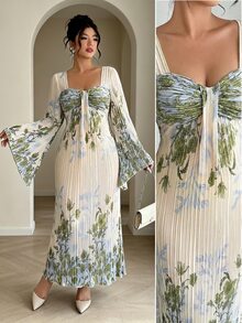 Elenzga Pleated Twist Knot Placement Print Flare Sleeve Waist Cinched Dress, Versatile For Outings, Date Nights, Theme Parties, Celebrations Fall/Winter - Multicolor - View 1