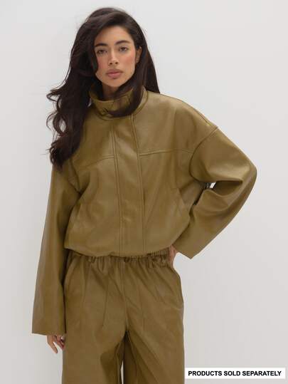 MUSEYN Khaki Olive PU Funnel Neck Oversized Jacket Relaxed Streetwear Effortless Casual Day Out Fall New Season Capsule Wardrobe