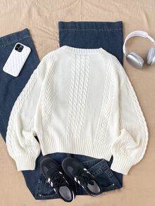 SHEIN 青少年女孩白色圓領基礎款秋冬毛衣，舒適柔軟 - 杏色 - 查看 2