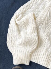 SHEIN 青少年女孩白色圓領基礎款秋冬毛衣，舒適柔軟 - 杏色 - 查看 3