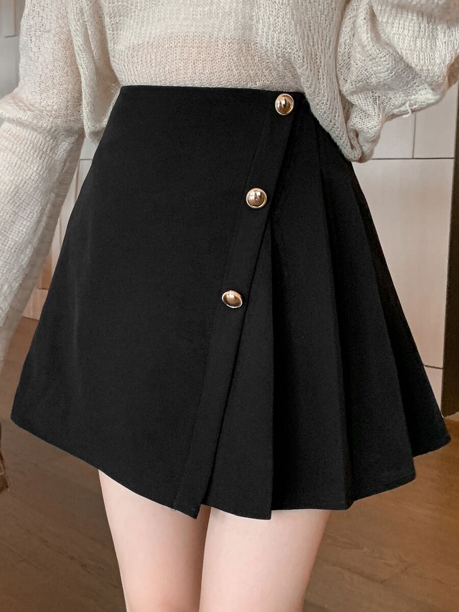 DAZY Solid Color Asymmetric Pleated Front Button Closure Elegant, Black Skirt For Women,Fall Clothes Winter Women Skirts - Black - View 1