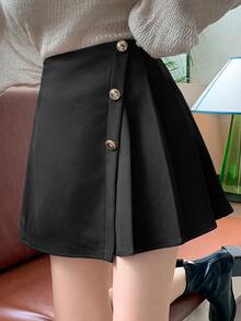 DAZY Solid Color Asymmetric Pleated Front Button Closure Elegant, Black Skirt For Women,Fall Clothes Winter Women Skirts - Black - View 5