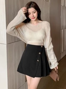 DAZY Solid Color Asymmetric Pleated Front Button Closure Elegant, Black Skirt For Women,Fall Clothes Winter Women Skirts - Black - View 6