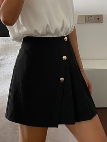 DAZY Solid Color Asymmetric Pleated Front Button Closure Elegant, Black Skirt For Women,Fall Clothes Winter Women Skirts - Black - View 9