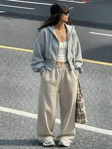 DAZY Women Solid Color High Waist Hooded Zip-Up Sweatshirt,Fall Clothes Jacket Hoodies - Grey - View 3