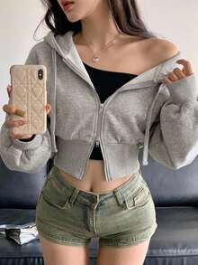 DAZY Women Solid Color High Waist Hooded Zip-Up Sweatshirt,Fall Clothes Jacket Hoodies - Grey - View 7