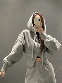 DAZY Women Solid Color High Waist Hooded Zip-Up Sweatshirt,Fall Clothes Jacket Hoodies - Grey - View 2