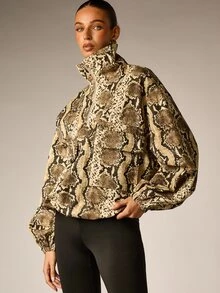 AiiRZ Snake Print Oversized Half-Zip Cropped Jacket With Stand Collar Balloon Sleeves And Patch Pockets Fall Winter Outerwear - Multicolor - View 1