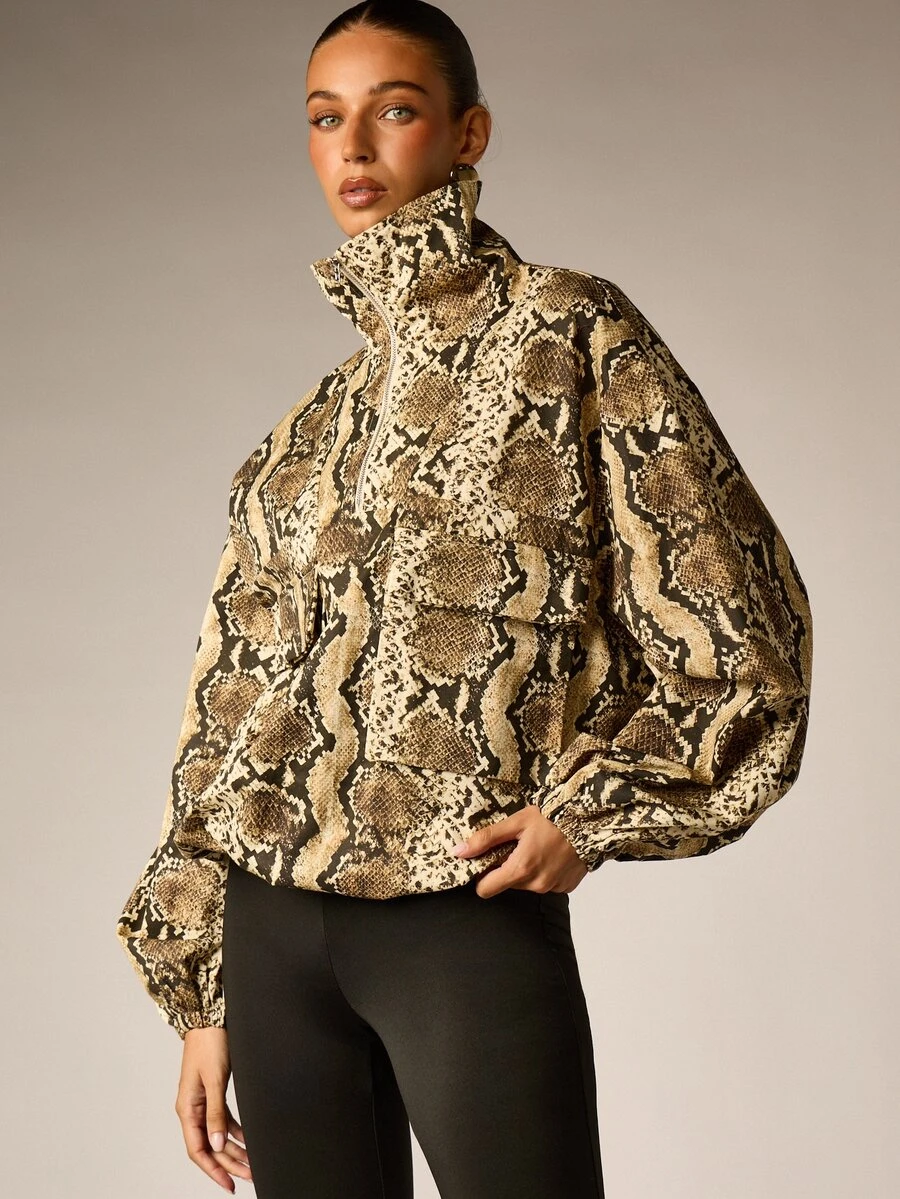 AiiRZ Snake Print Oversized Half-Zip Cropped Jacket With Stand Collar Balloon Sleeves And Patch Pockets Fall Winter Outerwear - Multicolor - View 1