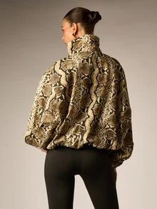 AiiRZ Snake Print Oversized Half-Zip Cropped Jacket With Stand Collar Balloon Sleeves And Patch Pockets Fall Winter Outerwear - Multicolor - View 3