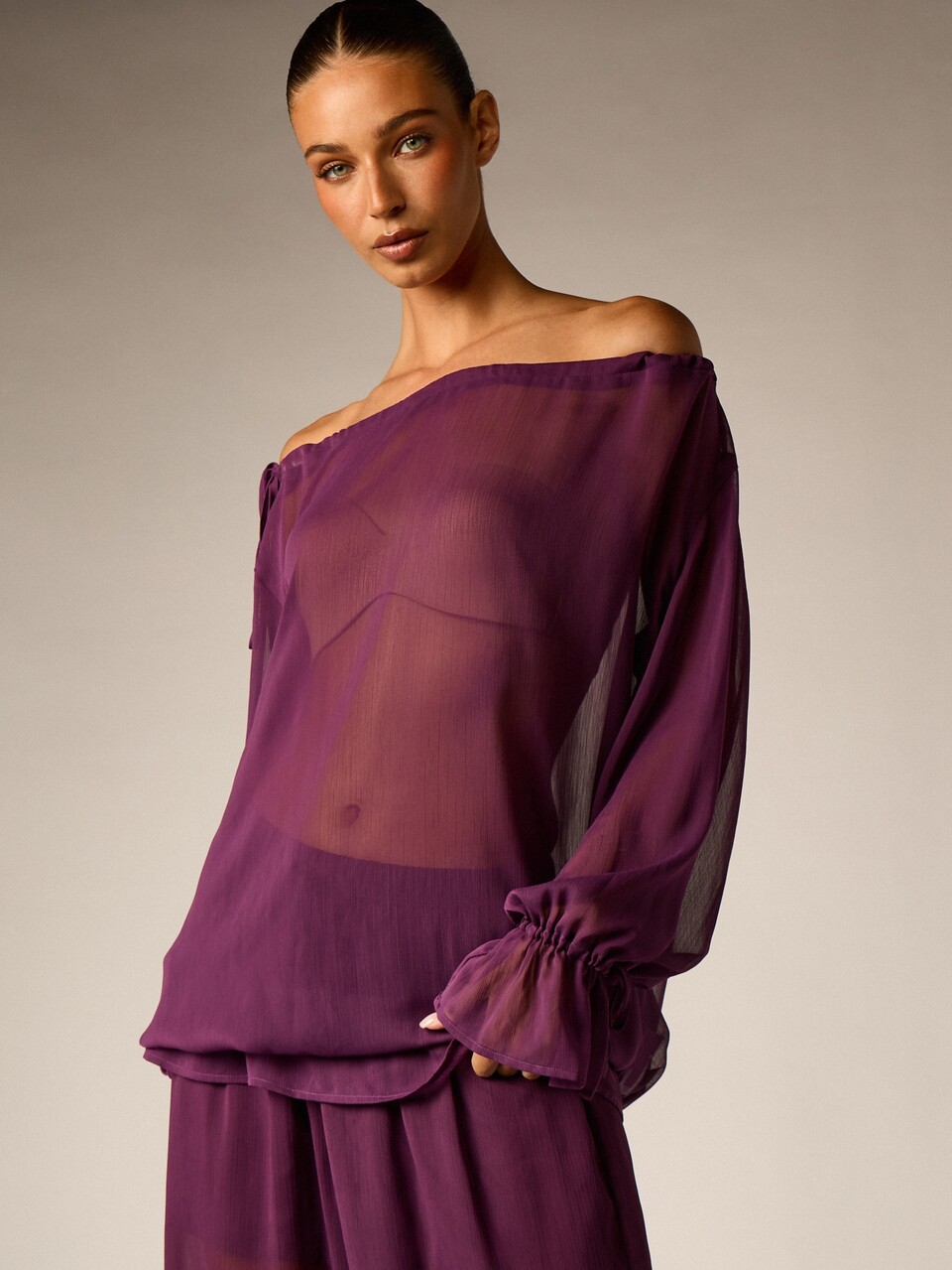 AiiRZ Sheer Chiffon Off-Shoulder Mini Cover-Up Dress With Puff Sleeves Drawstring Hem And Ruffle Trim Summer Beach Resort Wear