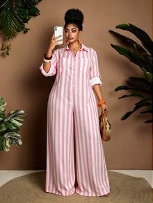 Maweii Plus Size Casual Striped Jumpsuit Fall - Multicolor - View 3