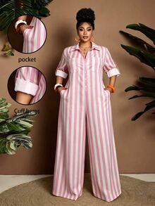 Maweii Plus Size Casual Striped Jumpsuit Fall - Multicolor - View 1