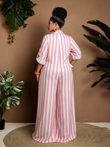 Maweii Plus Size Casual Striped Jumpsuit Fall - Multicolor - View 6